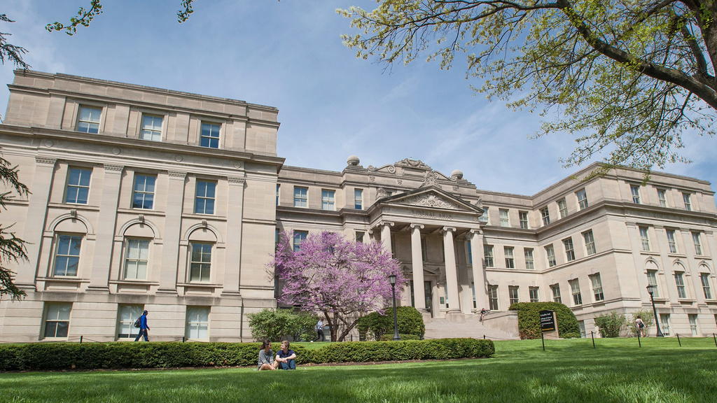 An image of Schaeffer Hall on the University of Iowa campus in spring
