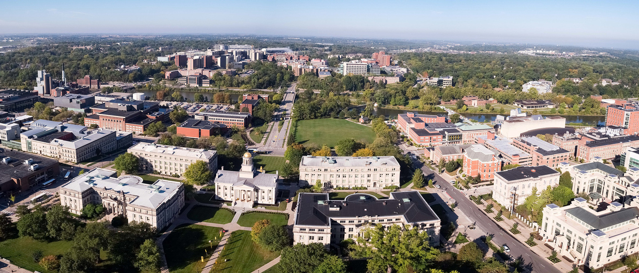 Aerial view of the University of Iowa campus facing west