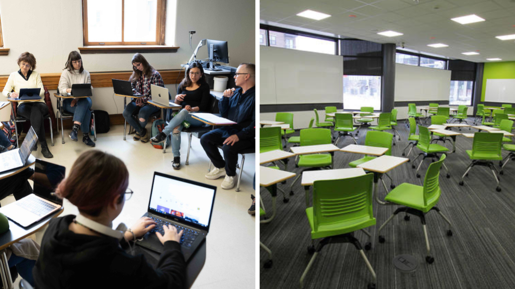 A before and after picture of an upgraded classroom in the college
