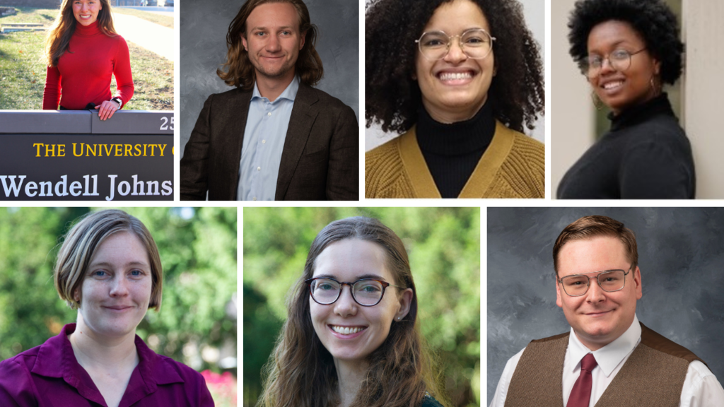 A composite of portraits of the seven graduate students awarded assistantships for 2023-2024