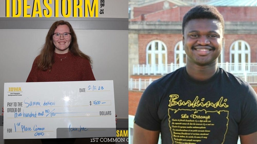 CLAS student winners from the IdeaStorm competition- a picture of a young woman holding a check and a young man smiling